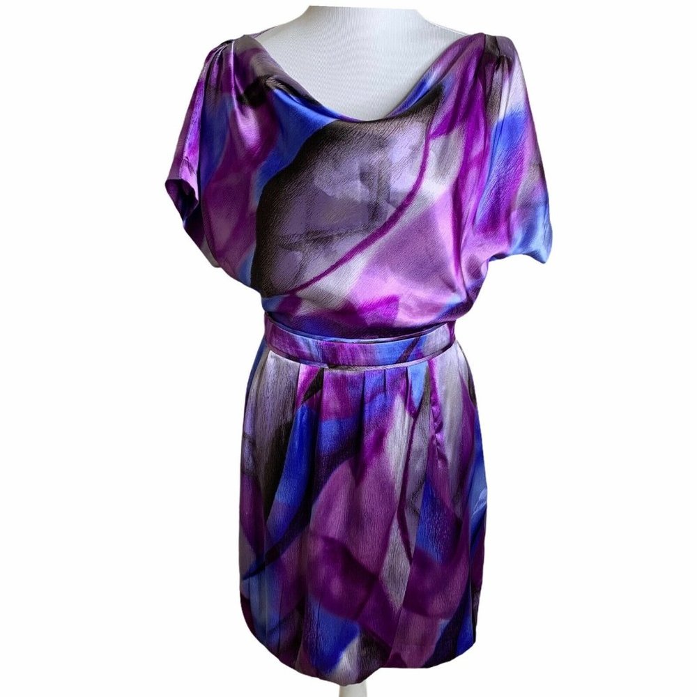 Walter Purple Print Satin Open Cowl Back Dress